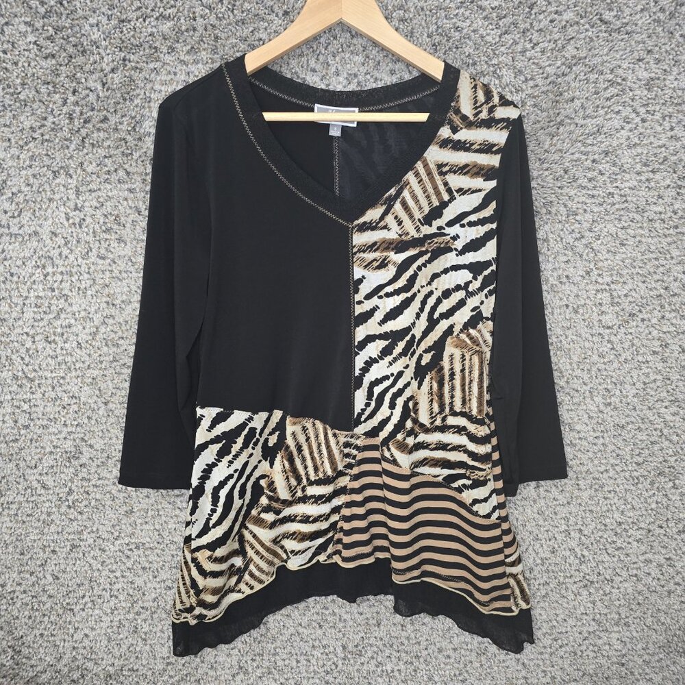 JM Collection Top Womens Small Black Animal Print V Neck Tunic Stretch Ladies